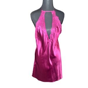 Victoria's Secret Pink Satin Lace Halter Chemise Lingerie Babydoll L G